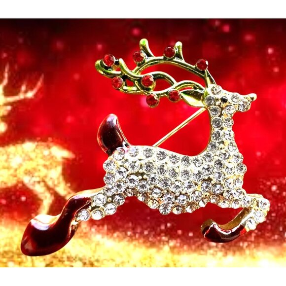 Reindeer Brooch Pin Rudolph Christmas Eve New Crystal Accents Santa Nort… - Picture 11 of 12